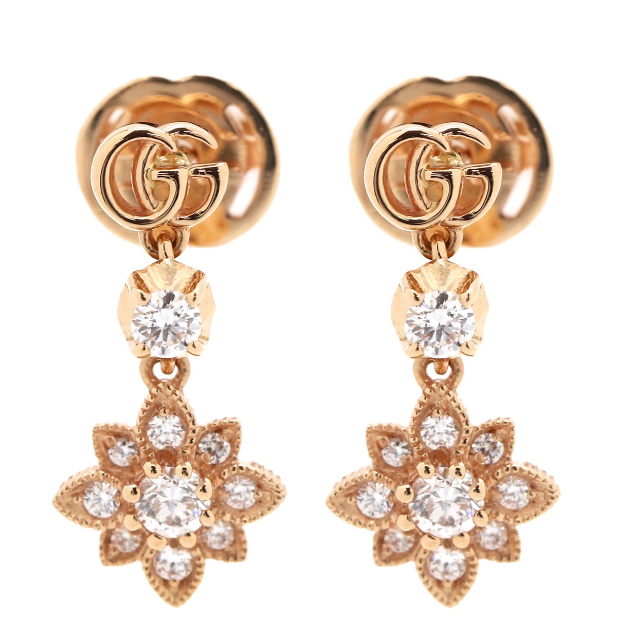 グッチ GUCCI ピアス GG フローラ ドロップ K18PG ダイヤモンド ピンクゴールド Au750 GG 花モチーフ ダイヤモンド 【中古】