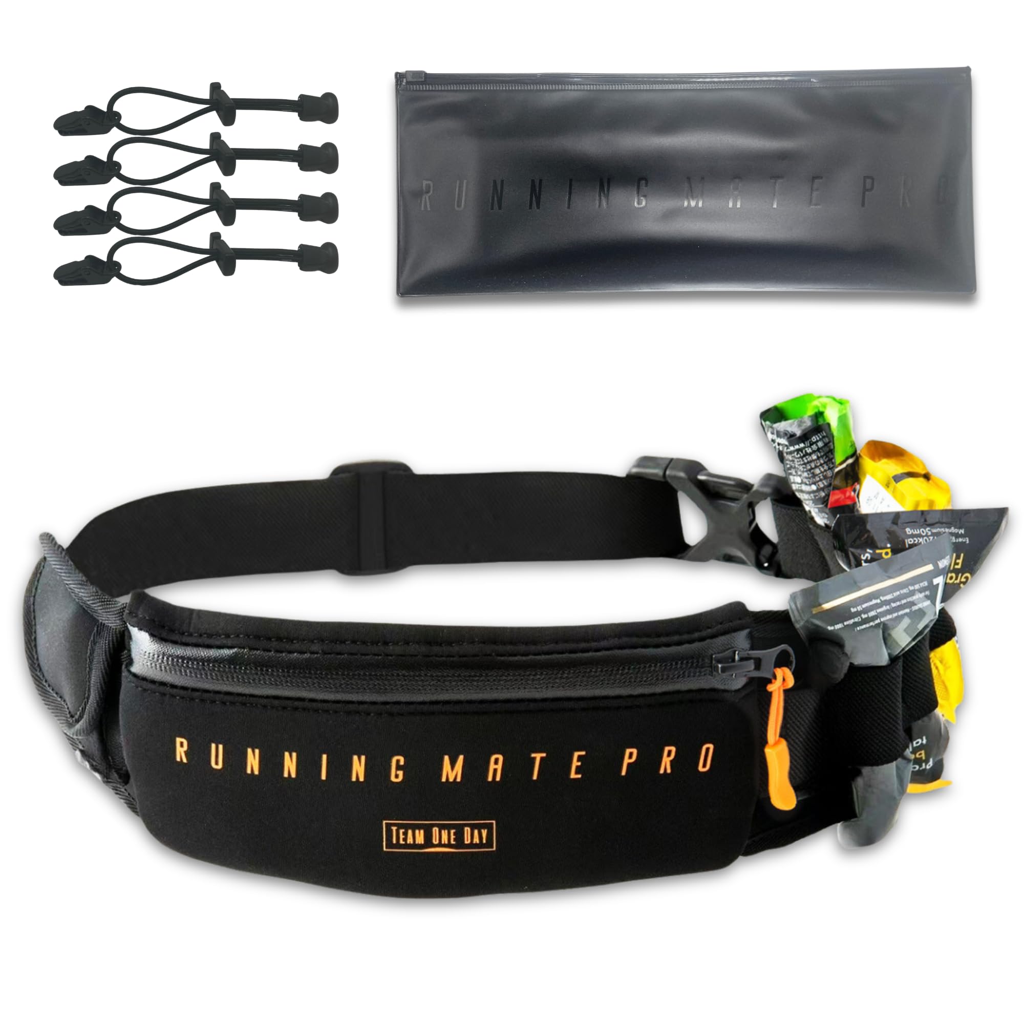 TeamOneDay RunningMatePRO2 マラソンポーチ ゼッケンベルト 揺れない ランニングポーチ ビブスクリップ4個付属 防水 ジェルスロット ギフトに最適
