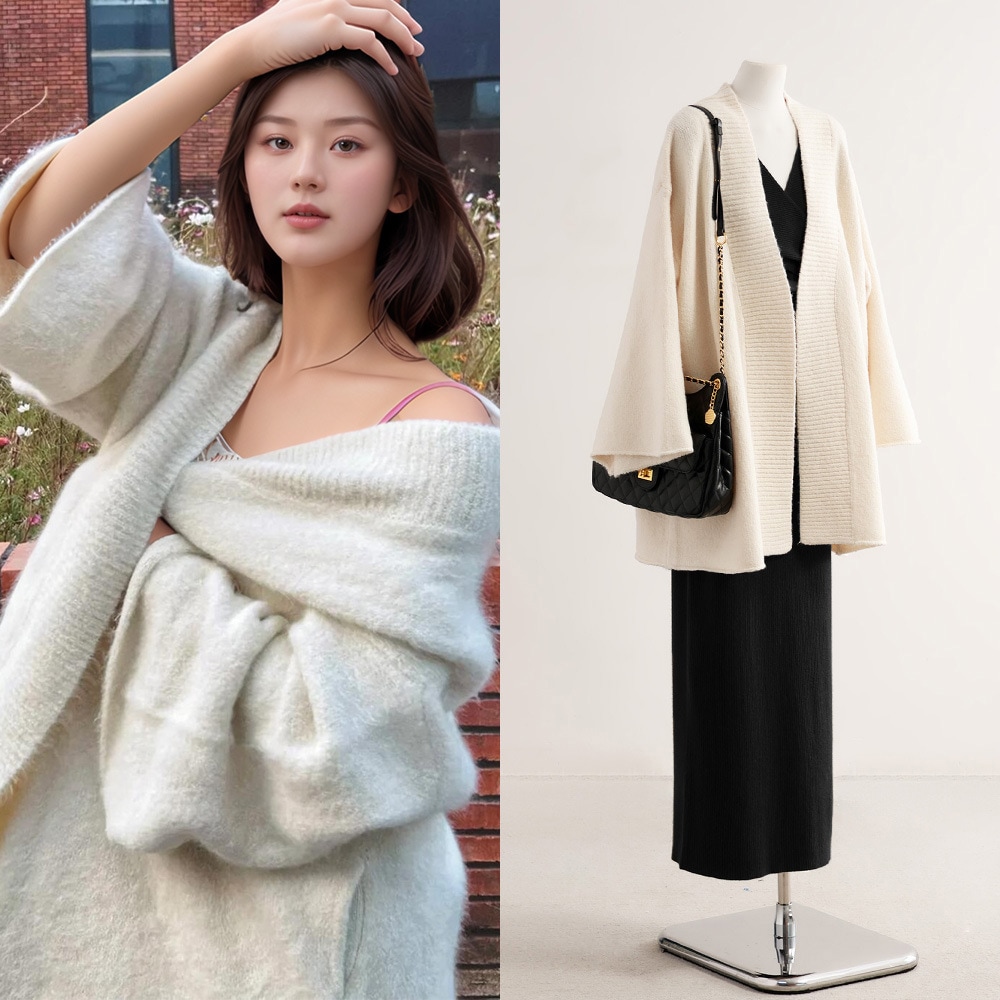 【在庫あり】ルースのミドル丈カーディガンニットジャケットファッショナブルでカジュアルゆったりとしたスタイルのカシミア長袖セーター