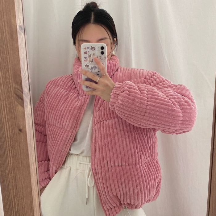 コーデュロイ コットンジャケット ショートコート スタンドカラー ルーズ ジャケット コート.