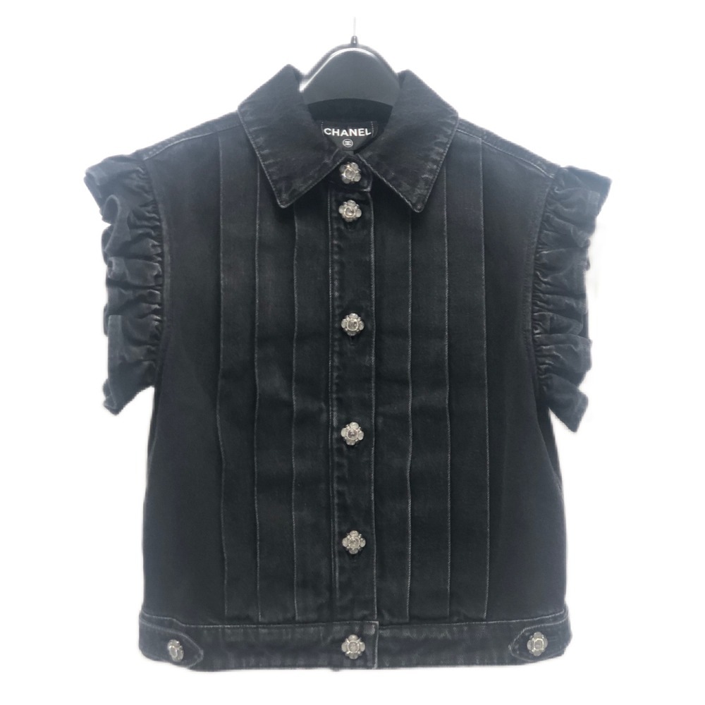 ジャケット P77615 ビジュー グリポアボタン ウォッシュドデニム フリル 24AW アパレル ベスト デニム ブラック