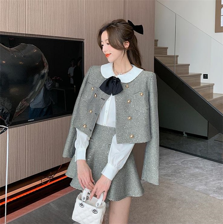 激安セール 気質 春秋 Aラインスカート 3点セット スパンコール 格子縞 コート デザインセンス 長袖シャツ ブラウス ミニスカート 5,932円