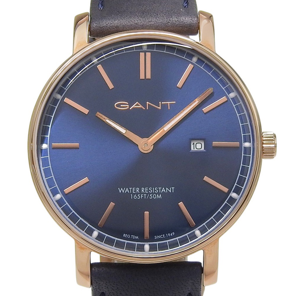 【GANT】ガント GT006007 腕時計 ステンレススチール レザー ゴールド クオーツ アナログ表示 メンズ ネイビー文字盤 中古品 Aランク