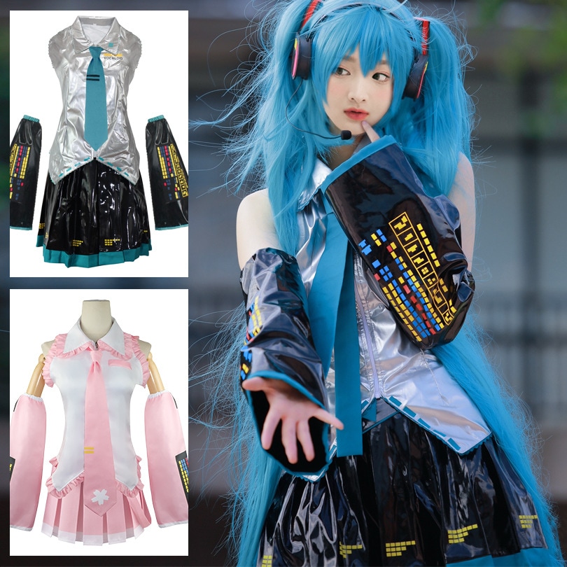 嘉美 初音ミクレザーコス服二次元アニメロールプレイ衣装 バーチャルアイドルコスプレフルセット