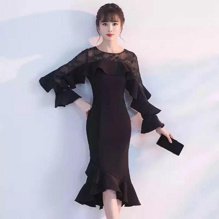 パーティードレス 韓国 ドレス 個性的 ワンピース プチプラ 結婚式 黒 ブラック マーメイド ラッフルフリル シック エレガント レース セクシー フェミニン マーメイドシルエット 膝丈 袖コン 長