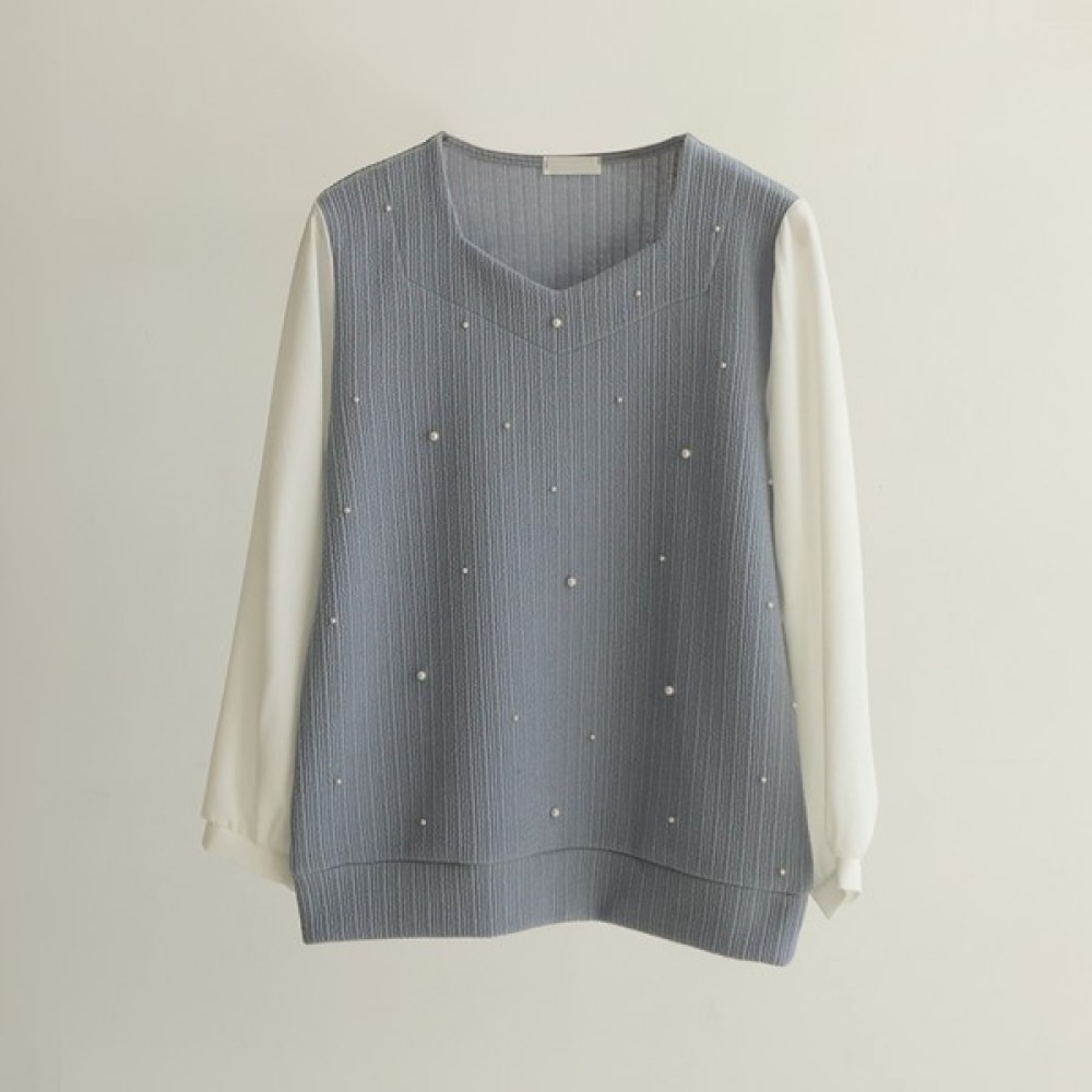 [Elysia] デニムスクエアパールカラーブラウス