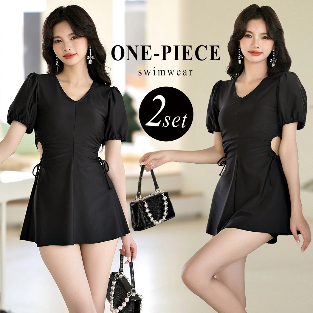 水着 レディース ワンピース 半袖 体型カバー水着 パンツ セパレート 2点セット 黒 Vネック パフスリーブ ギャザー ひも 調節 サイド カットアウト アンダー調節 2段階 ショートパンツ 二腕