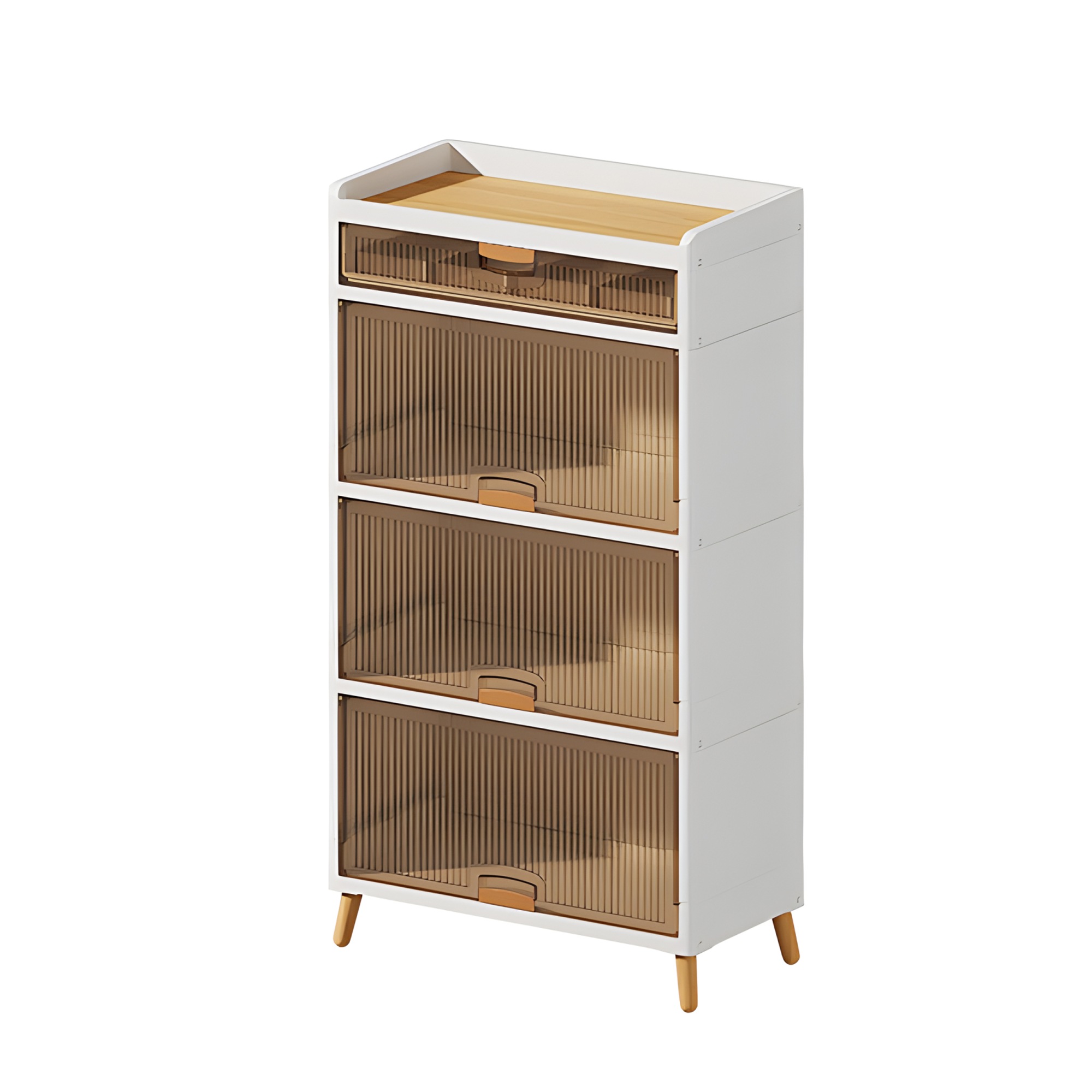 【国内発送Ｍ】192即納 収納ボックス 前開き 折りたたみ 木脚 4段 コンテナ ボックス 取っ手付き 大型 クリアボックス 収納ケース 蓋付き 積み重ね 衣類 布団 小物 折り畳み プラスチック お