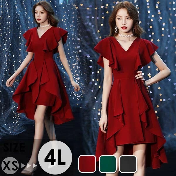 ドレス 大人 ピアノ 発表会 アシンメトリードレス パーティードレス 膝丈 フィッシュテール Vネック 袖付き ラッフル フォーマル 体型カバー 母親 結婚式 成人式 同窓会 演奏会 二次会 忘年会