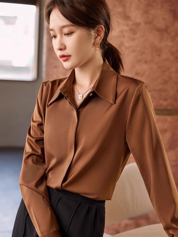 ブラウス ブラウン シャツ レディース 春秋 ビジネス 通勤 トップス シフォン 秋 アセテート サテン ハイエンド