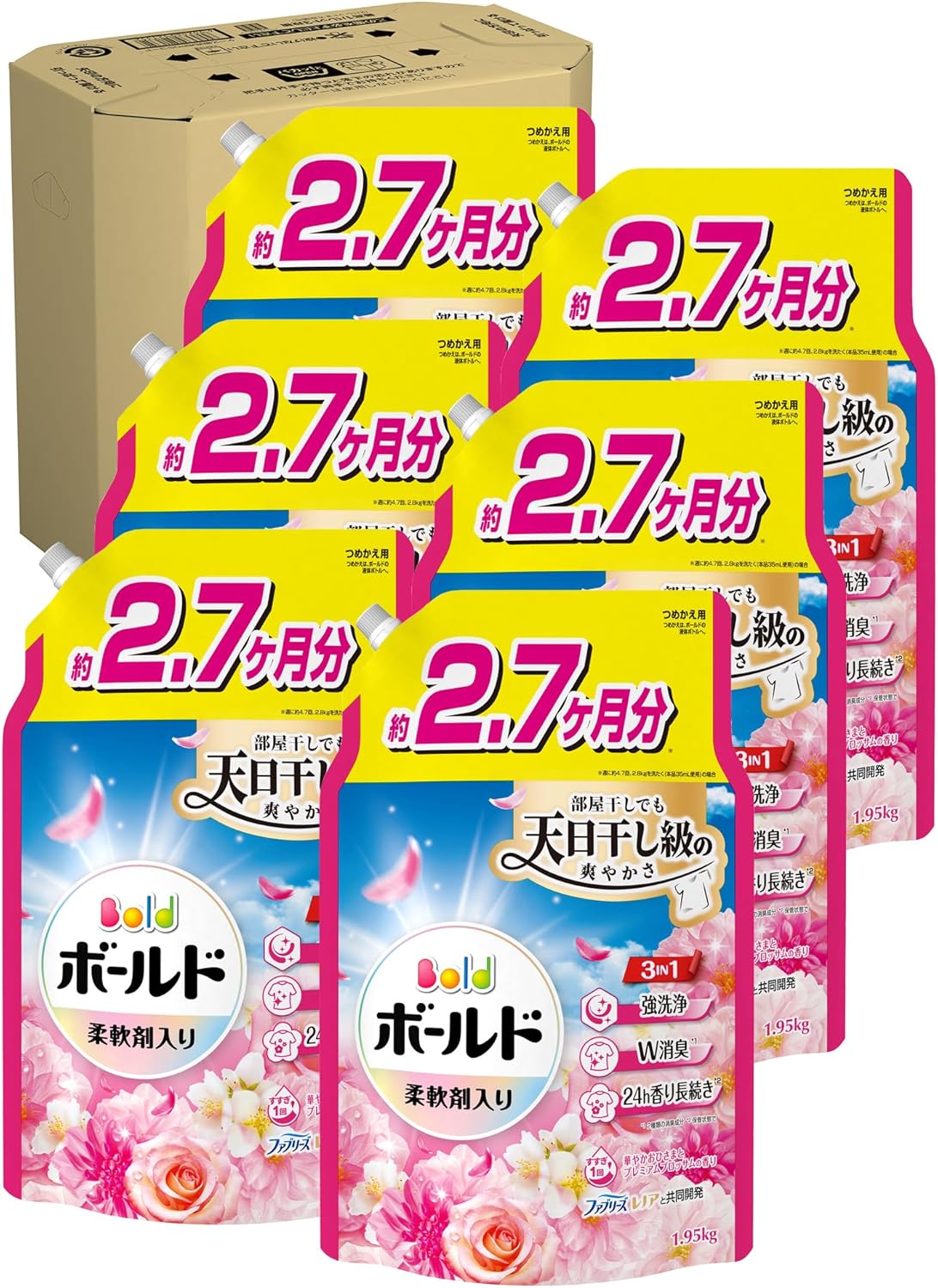 Bold ボールド 柔軟剤入り 洗濯洗剤 液体 華やかおひさまとプレミアムブロッサムの香り 詰め替え 1950g×6袋 大容量 ケース品
