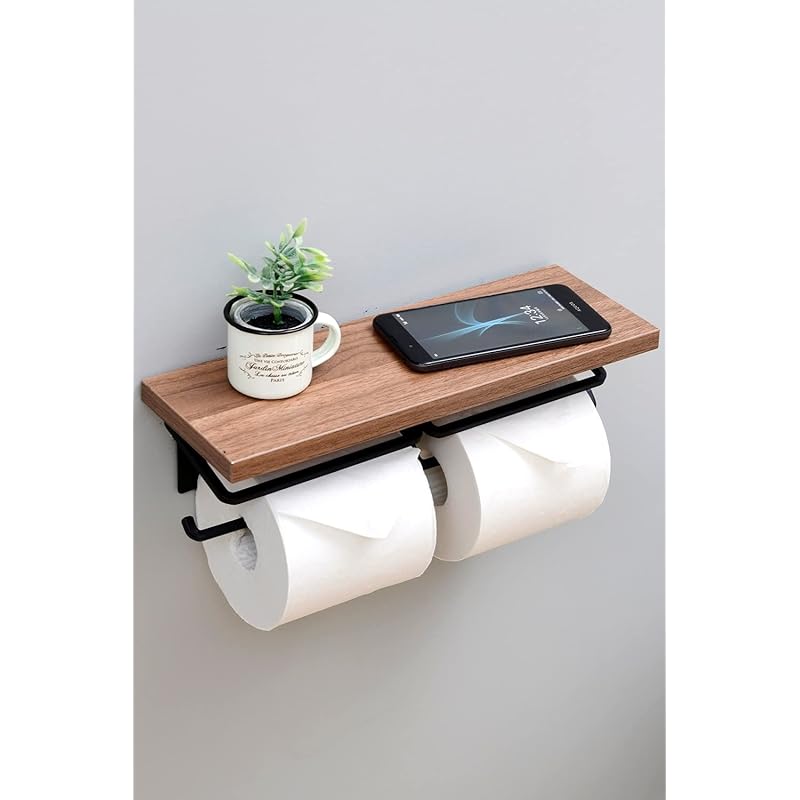【即納】[山善] トイレットペーパーホルダー 棚付き (スマホ置き/インテリア) ダブル 汚れに強い天板 かんたん設置 幅32×奥行11×高さ9cm ダークブラウン/マットブラック RPH-W(DBR