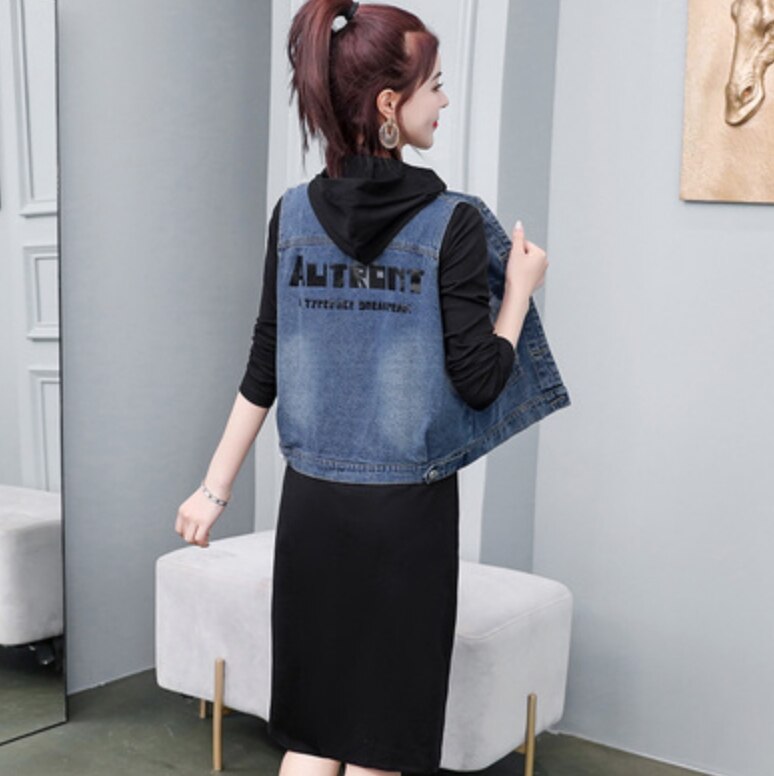 ワンピース ベスト レディース ミディアム丈 長袖 デニム フード付き フーディー 2点セット デート かわいい 大人可愛い ラフ シンプル カジュアル 大人 おしゃれ お出かけ 普段使い ブラック