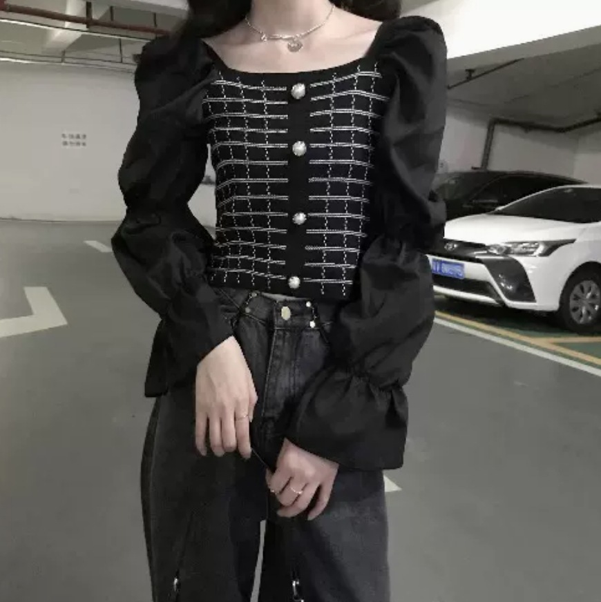 トップス デート シャツ ブラウス カットソー ショート ショート丈 袖あり 長袖 パフスリーブ スリム タイト 細身 かわいい 大人可愛い きれいめ シンプル カジュアル 大人 上品 おしゃれ