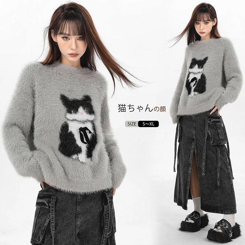 ファー ニットセーター レディース モコモコ 猫柄 ネコ シャギーニット ふわふわ トップス セーター プルオーバー 長袖 クルーネック ラウンドネック ゆったり 柔らかい セーター 体型カバー ボリ