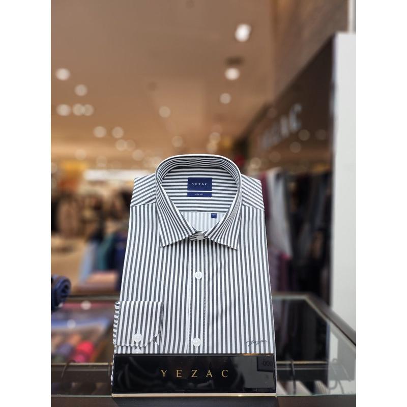 AK平沢店シャツ コットン混紡 ストレッチ ロンドンストライプ スリムフィット シャツ ブラック