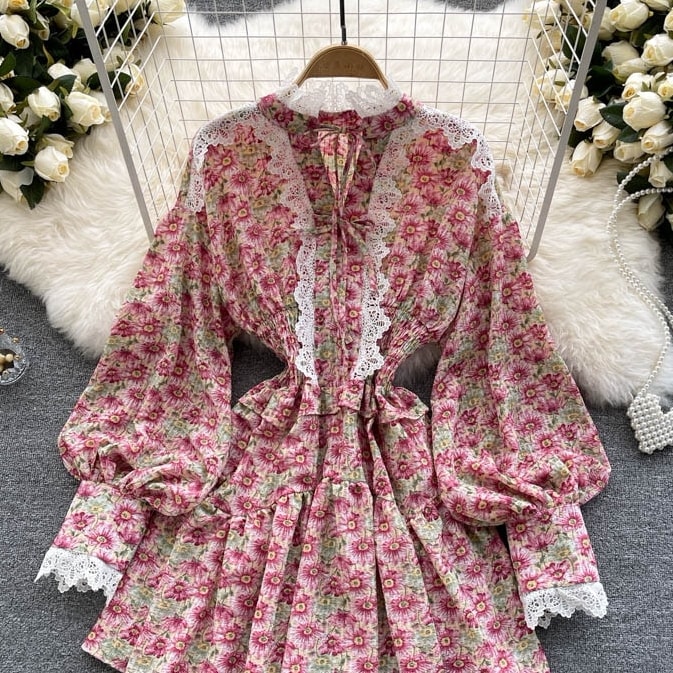 ワンピース Vネック フローラル 花柄 レース スカート 透け感 レトロ ランタンスリーブ フラワー