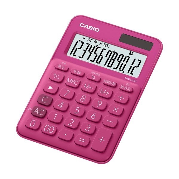 （まとめ）カシオ カラフル電卓 ミニジャストタイプ12桁 ビビッドピンク MW-C20C-RD-N 1台5セット