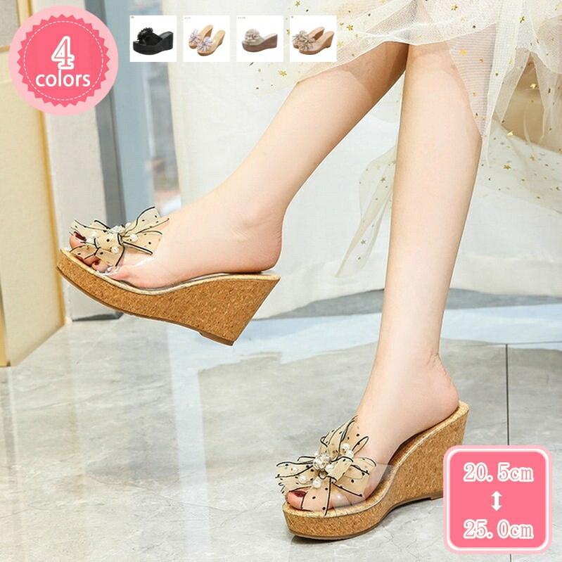 500円OFFクーポン 厚底 サンダル レディース ウェッジソール 痛くない 歩きやすい 厚底サンダル ミュール サンダル オープントゥ 幅広 花飾り ウエッジ ヒール 8cm プラットフォーム 前厚 7,595円