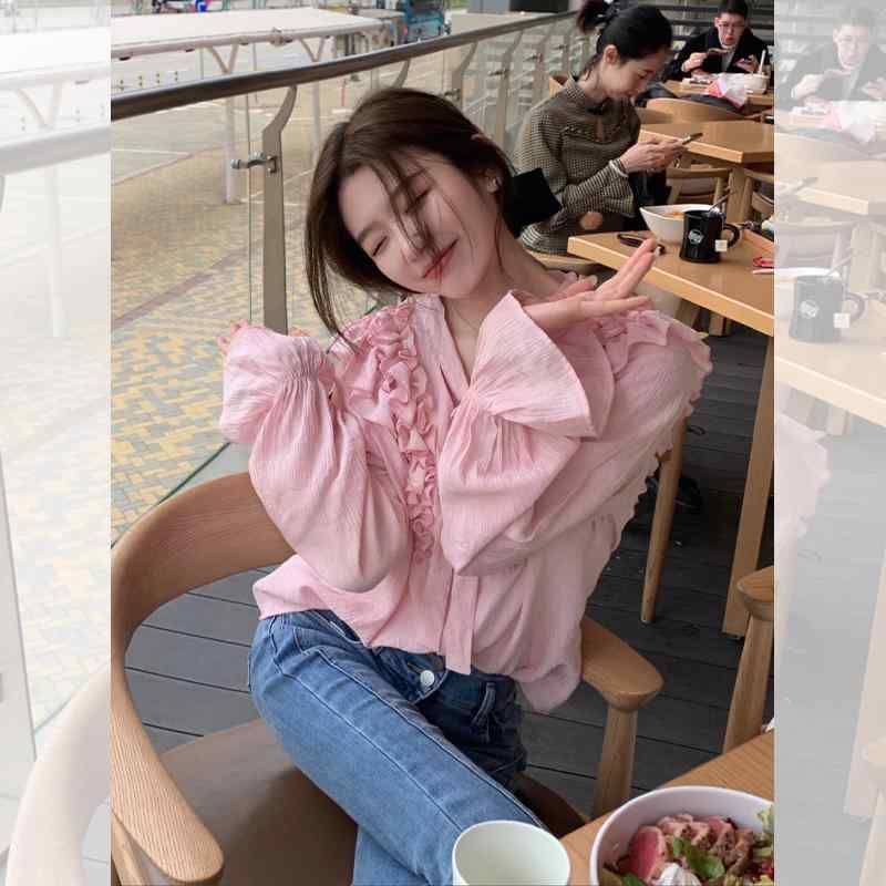 長袖 ラフ 美 ルーズ 可愛い スタイル 上品 フレンチ フリル パフスリーブシャツ レディース トップス キレイ ピンク