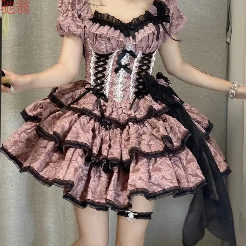 Qy ロリータプリンセススカートバレエチュチュスカートスイートジャガードレースケーキスカート宮殿レトロ蝶