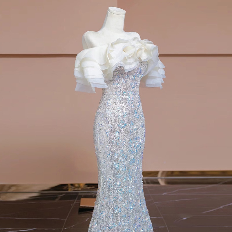 ウェディングドレス スレンダー 花嫁 ブラックドレス エンパイアドレス 披露宴 二次会 前撮り ワンピース ドレス キラキラ人魚姫 フォトウエディング ロングドレス 大人 大きいサイズ