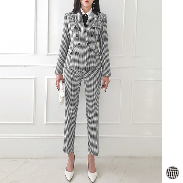 セットアップ レディース スーツ テーラードジャケット パンツ 千鳥格子 配色 タイト 上下セット オフィス 上品 フォーマル 春 秋 韓国 to25512