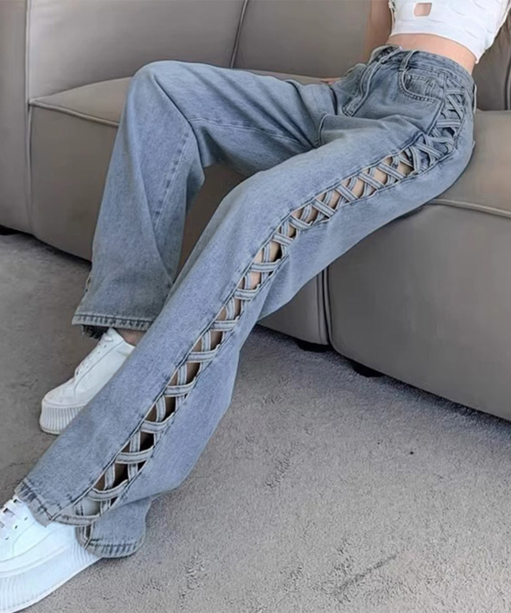 国内即納 デニムパンツサイドレースアップジーパン 84YLZ-001