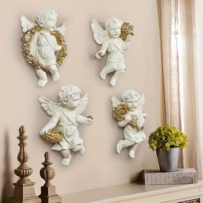 ウォールデコレーション 壁掛けオブジェ 壁掛け インテリア 天使 ホワイト ゴールド 4個セット ヴィンテージ調 アンティーク調 エレガント 樹脂製 リビング 廊下 インテリア クリスマス