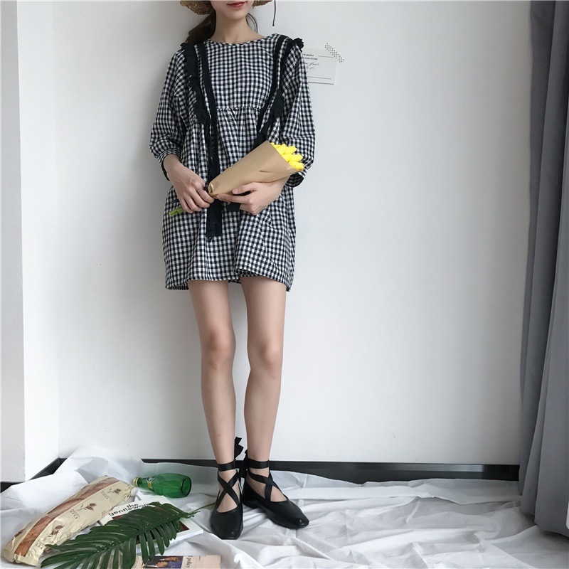 1071.ギンガムチェックミニ丈Aラインワンピース（ブラック）