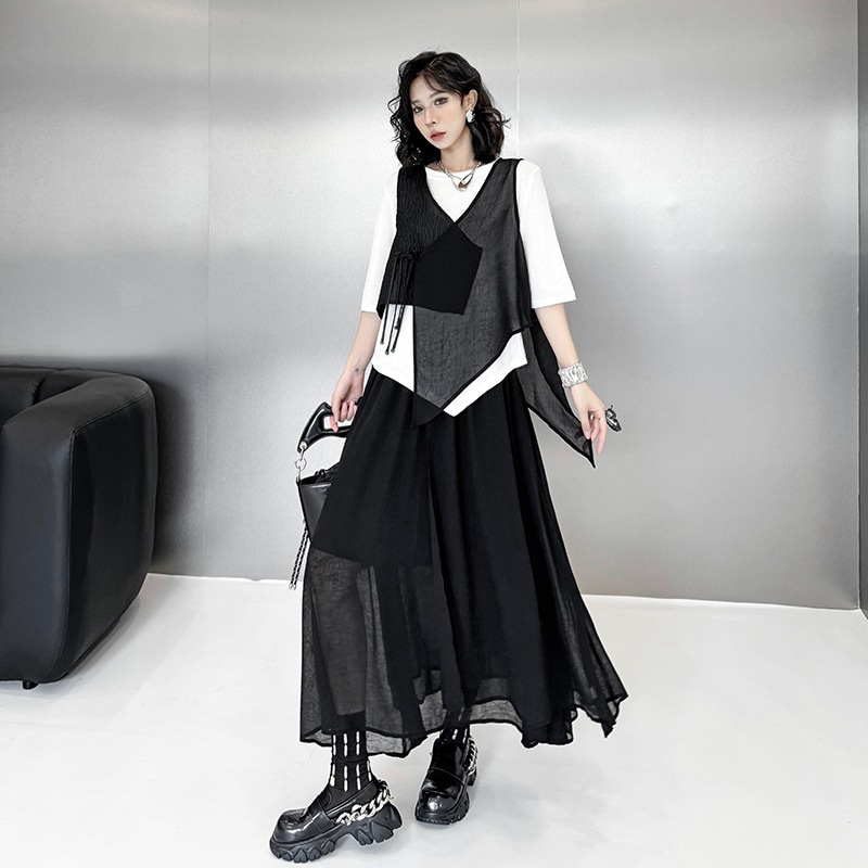 【J.Fashion】 上下セット ベスト＋スカート 中華風 夏 薄手 レディース セットアップ