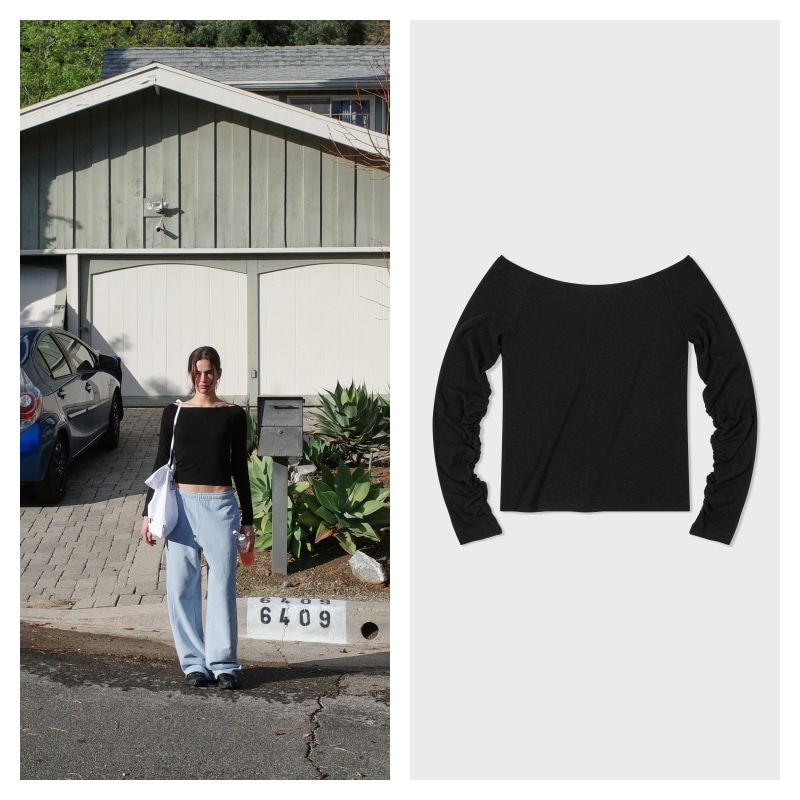 【LOW CLASSIC】 RUCHED OFF-SHOULDER T-SHIRT : BLACK