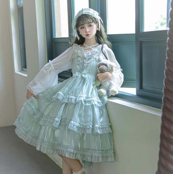 ロリータワンピース お姫様 ワンピース ロリータ服 袖なし キャミソール 膝丈 ティアードドレス 可愛い コスチューム 学園祭 文化祭 イベント衣装 撮影 ロリータドレス グリーン