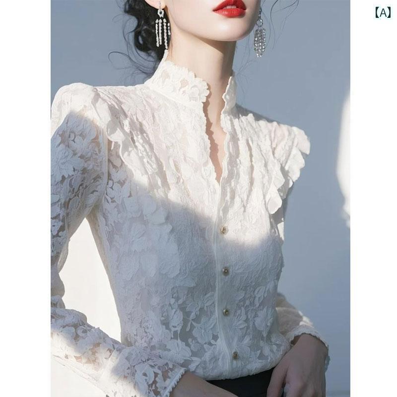 レディース　シャツ　レース ゲディ アマ シュ 2025 春夏 スタンドカラー レース 長袖 シャツ レディース スリム