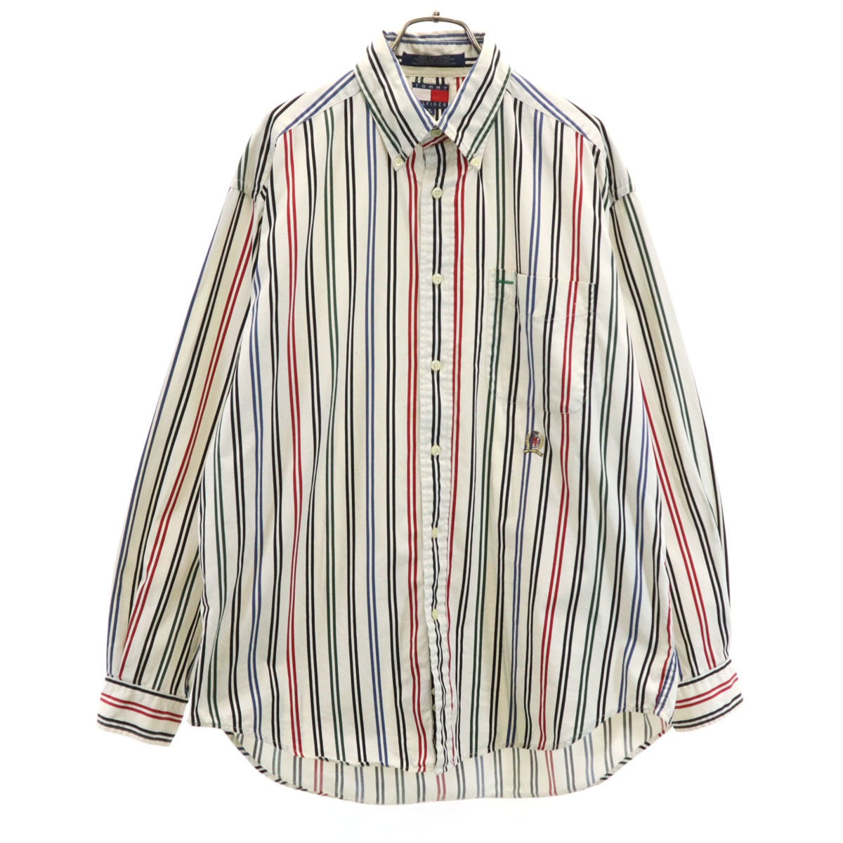 ストライプ柄 長袖 ボタンダウンシャツ M ホワイト メンズ 古着
