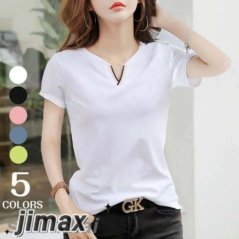 Tシャツ tシャツ レディース 半袖 Vネック 秋 夏 おしゃれ かわいい カットソー スキッパー vネック 大きいサイズ 白 黒 ゆったり カジュアル 無地 ホワイトデー