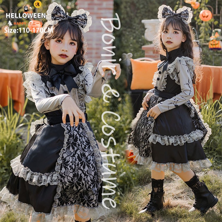 ハロウィン 小悪魔 衣装 女の子 コスプレ 悪魔 ワンピース 可愛い ロリター メイド コスチューム 子供 お姫様 ゴスロリ LOLITA 仮装 魔法使い 魔女 暗闇系 デビル キッズ ドレス Hal