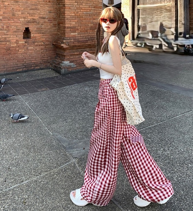 ボトムス ワイドパンツ ロング レディース イージーパンツ 薄手 ハイウエスト チェック柄 パンツ ポケット ハイウエスト 大人可愛い カジュアル おしゃれ レトロ 大人女子 春 夏 デート お出かけ