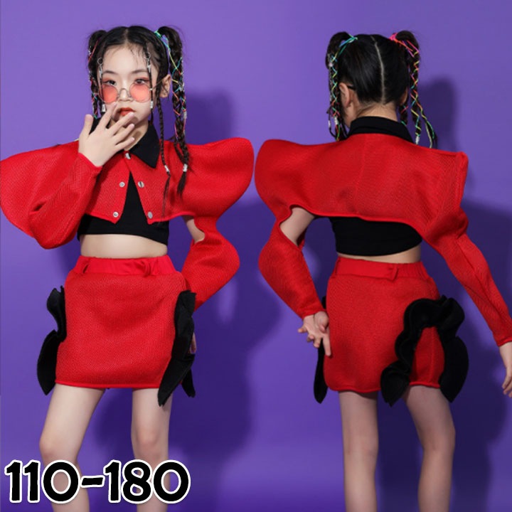 旅行に便利！ダンス衣装 女の子 チアガール レッド キッズダンス衣装 おしゃれ hiphop セットアップ ジャズ 上下セット キッズ 演出服 ガールズ 発表会 ジャズダンス衣装