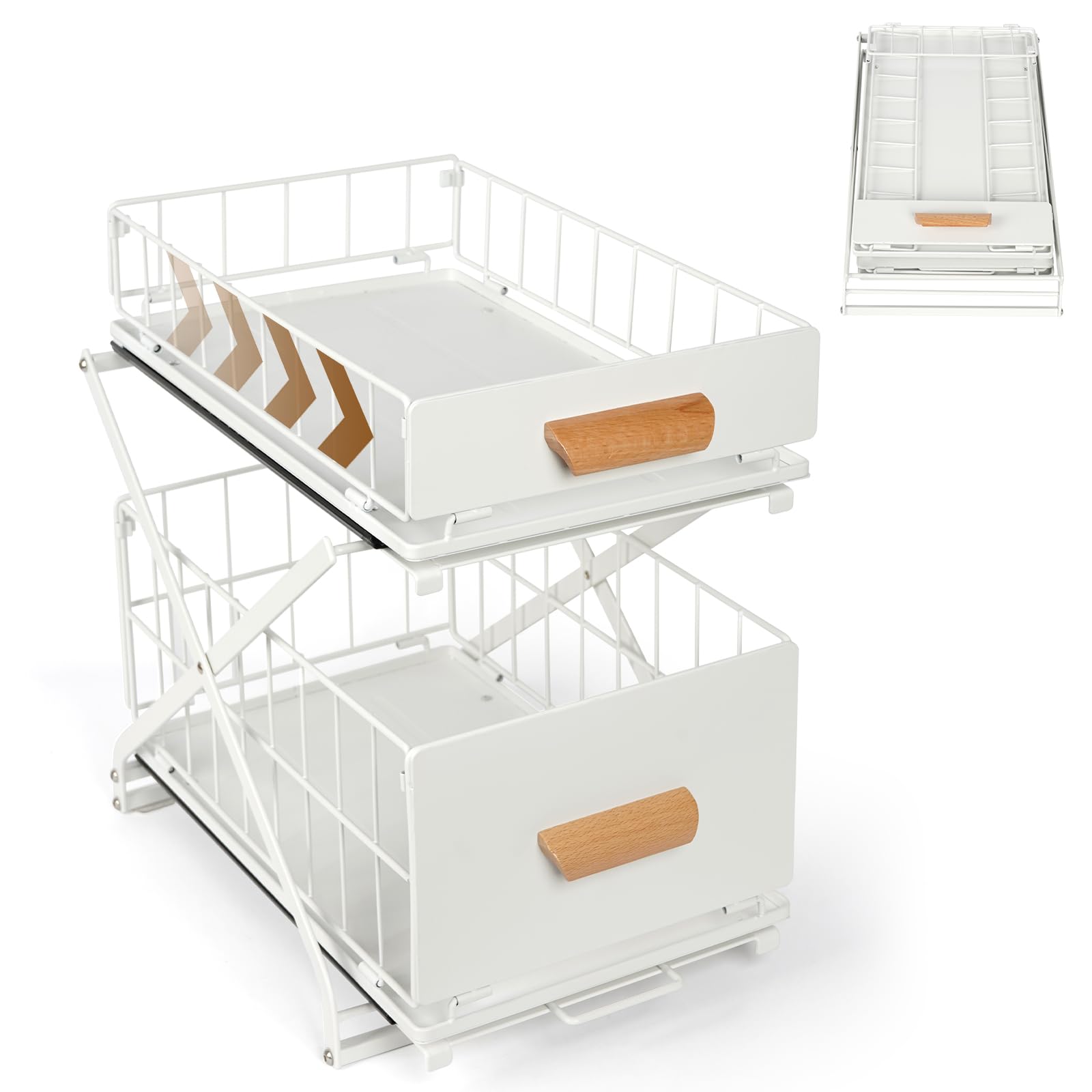 yazi シンク下収納 引き出し スライドラック 2段式伸縮可能 キッチンした収納 スライドレール 収納 バスケット 穴開け不要 高さ3段階調整可能 シンクした収納 キッチンラック 台所・洗面台下 キ