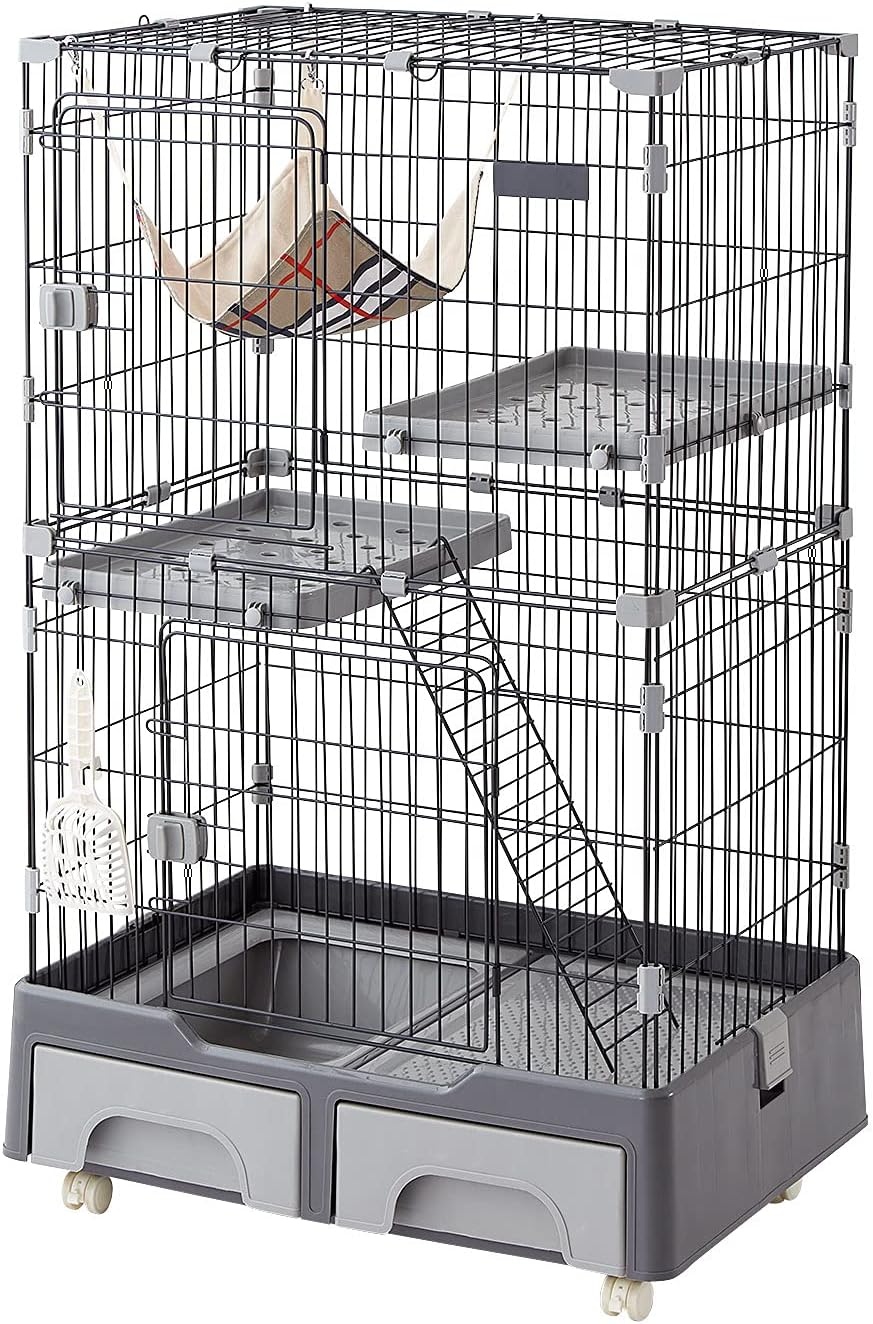 リコメン堂 キャットケージ 猫ケージ キャットハウス 2段 キャスター付 幅81cm 高さ133cm 奥行56cm グレー