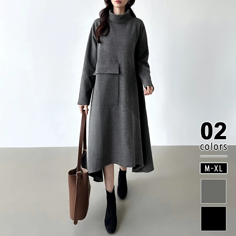 [迅速な配達][限時割!引!]ワンピース タートルネック レディース 長袖 体型カバー 細見え ハイネック ロングワンピース aライン ロング ミモレ 大きいサイズ お腹 カバー タートルネックワンピ