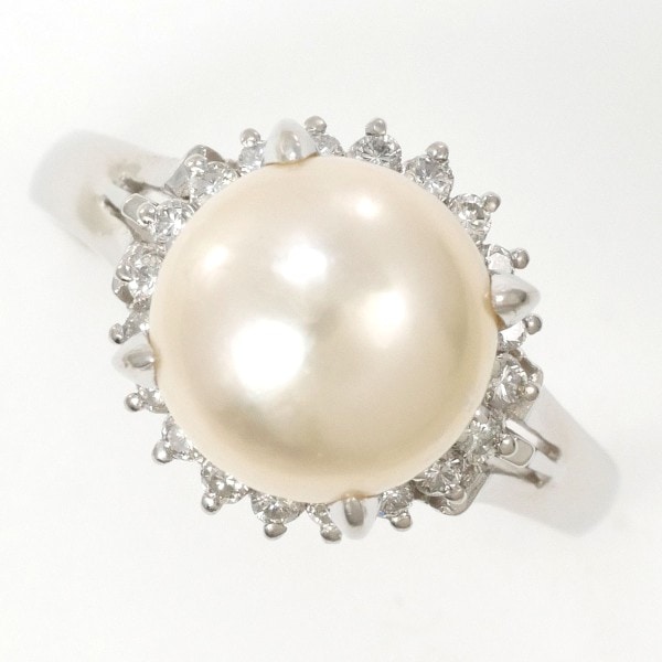 PT900 プラチナ リング 15号 パール(真珠) 約9.5mm ダイヤ 0.24 中古
