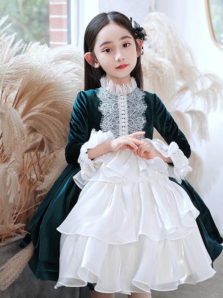クリスマス ロリータ 子供用 ハイエンド チュチュ スカート ベルベット 長袖 ダーク グリーン プリンセス ドレス
