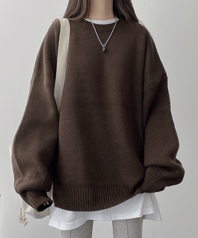 [ビッグサイズ] ルーズ カジュアル ノーマル スリット ラウンド ニット(3color)