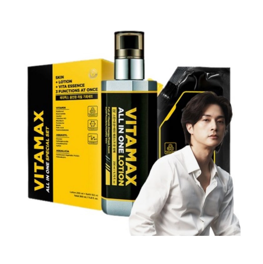 ビタマックス メンズ オールインワン ローション 本品 200ml + 詰め替え150ml, 1セット (ビタミン12種/水分供給/水分管理/ 肌トーン改善)