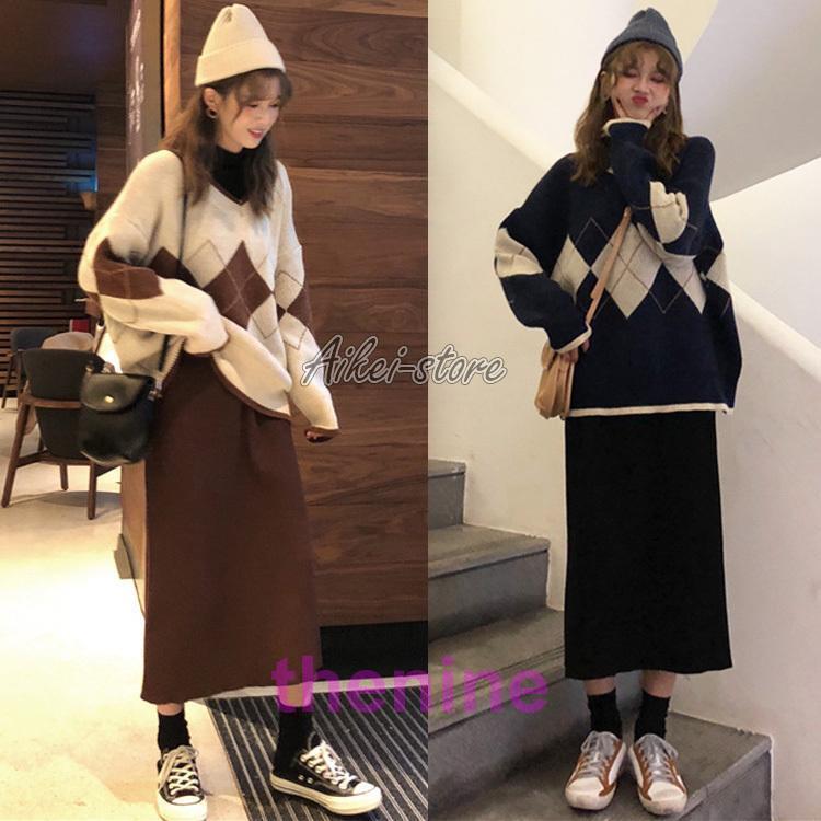 【即時割引】ニットセットアップ レディース 40代 秋冬 長袖セーター チェック柄 黒タイトスカート ニットセットアップ オシャレ韓国風 着痩せ 通勤 カジュアル