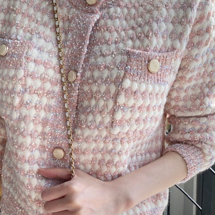 カーディガン 丸首 長袖 ツイード風 クルーネック トップス ガーリー セーター 春 秋 きれいめ