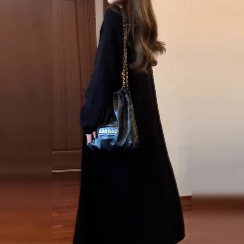 ハイエンドのカスタマイズ-怠惰なスタイルのソフトワックスのようなミッドレングスの黒のニットカーディガンセータージャケット秋冬2025新しい韓国スタイルの3点セット