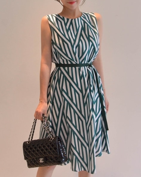 P0000QAP　ラウンドネックレーヨンノースリーブワンピース（ウェストベルトセット涼しい生地）OLワンピース上品ワンピース大人ワンピース